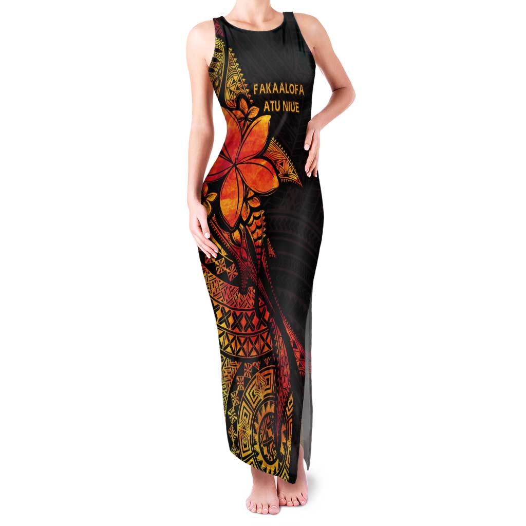 Niue Fakaalofa Atu Personalised Tank Maxi Dress Whale Hiapo Fiery Motif LT7 Women Art - Polynesian Pride