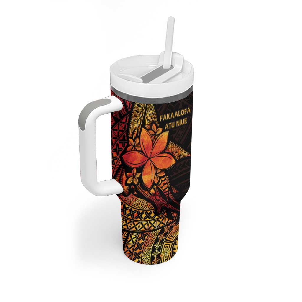 Niue Fakaalofa Atu Tumbler With Handle Whale Hiapo Fiery Motif LT7 - Polynesian Pride