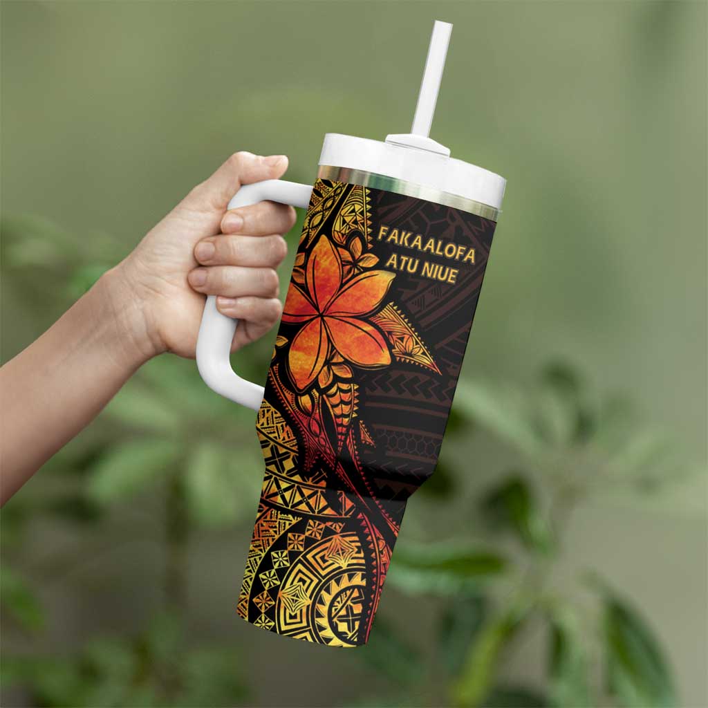 Niue Fakaalofa Atu Tumbler With Handle Whale Hiapo Fiery Motif LT7 - Polynesian Pride