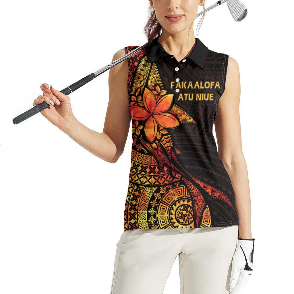 Niue Fakaalofa Atu Personalised Women Sleeveless Polo Shirt Whale Hiapo Fiery Motif LT7 - Polynesian Pride