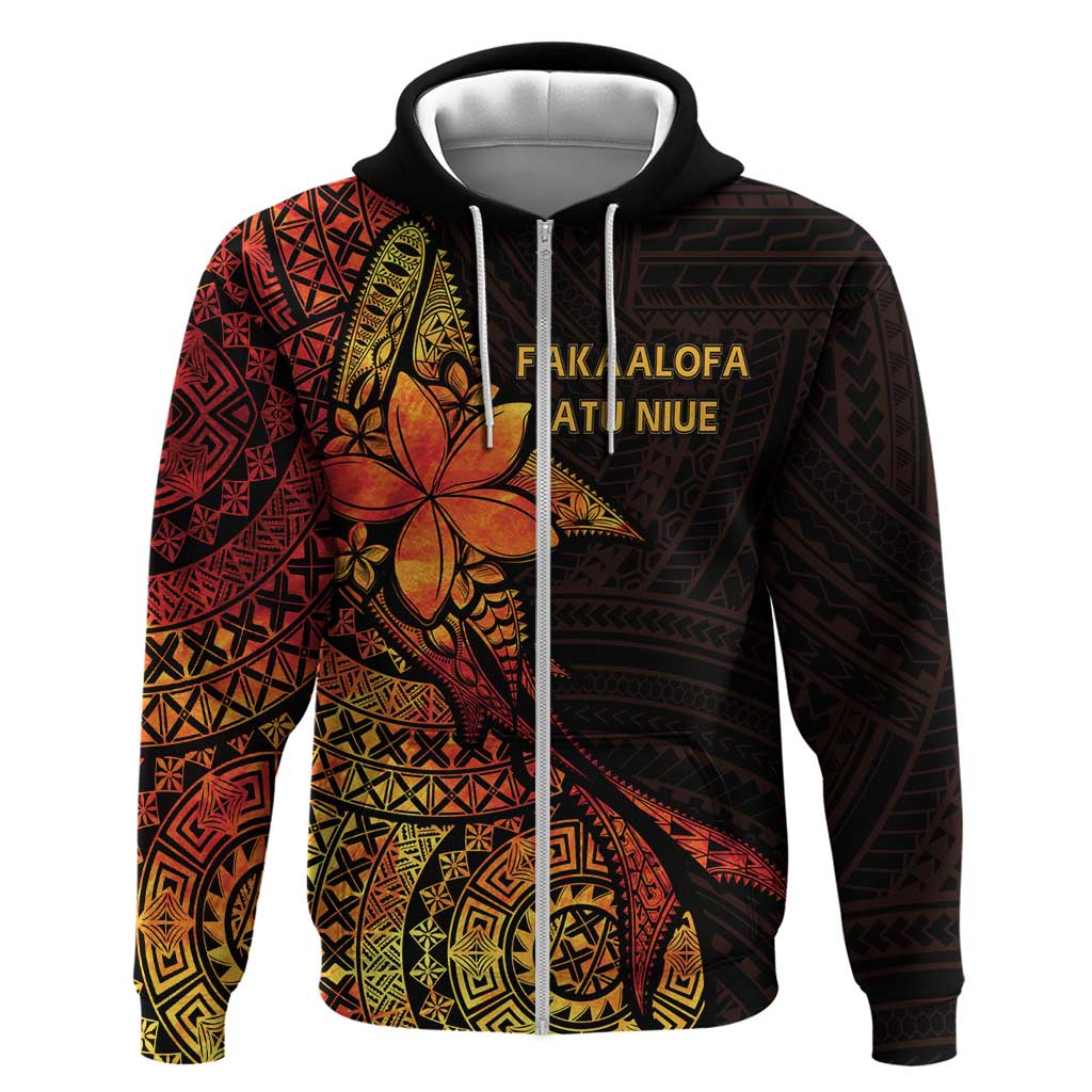 Niue Fakaalofa Atu Personalised Zip Hoodie Whale Hiapo Fiery Motif LT7 Zip Hoodie Art - Polynesian Pride