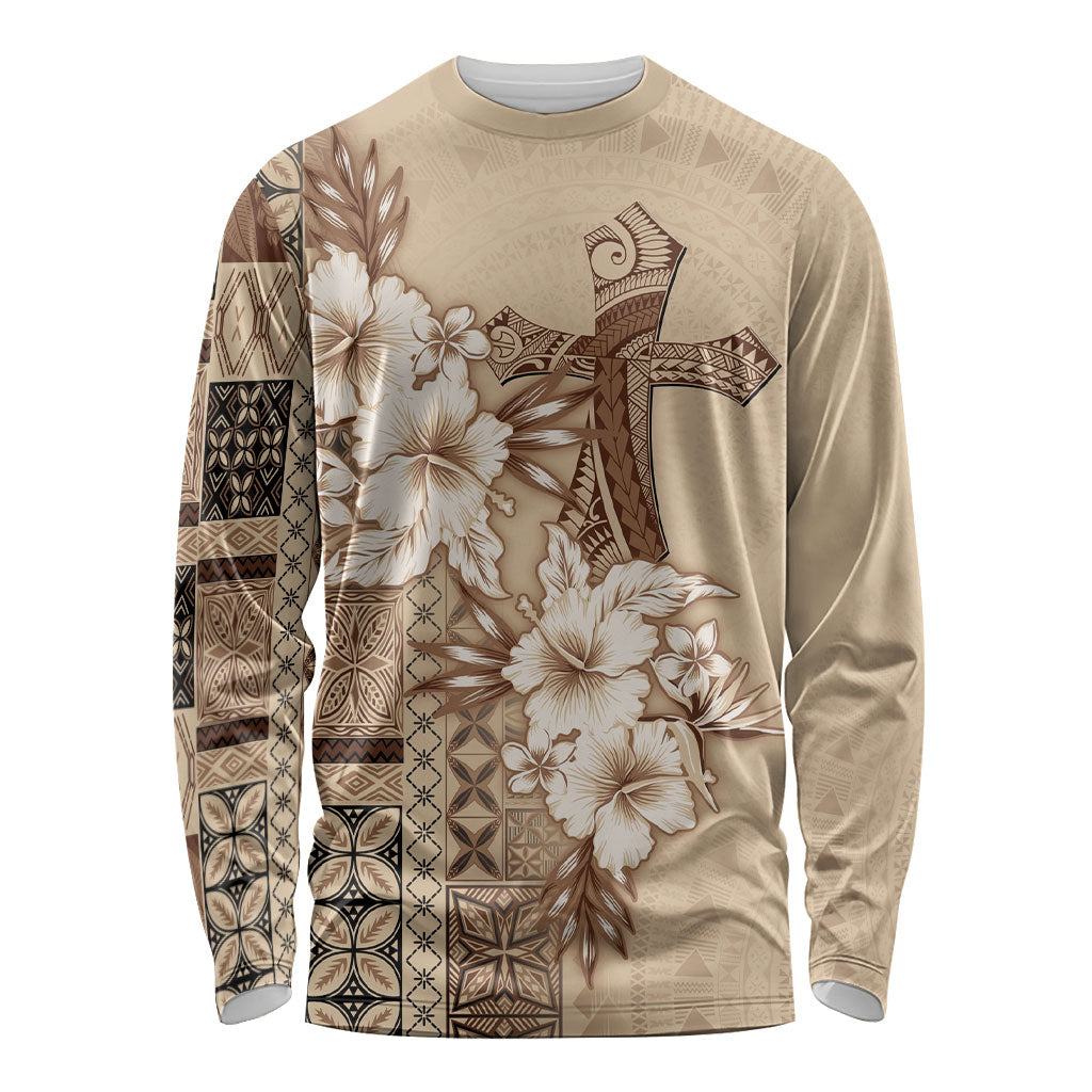 Samoa AIGA Mamanu Siapo Malu Motifs Long Sleeve Shirt LT7 Unisex Beige - Polynesian Pride