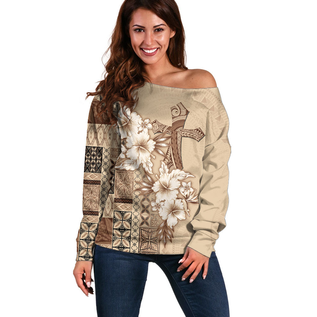 Samoa AIGA Mamanu Siapo Malu Motifs Off Shoulder Sweater LT7 Women Beige - Polynesian Pride