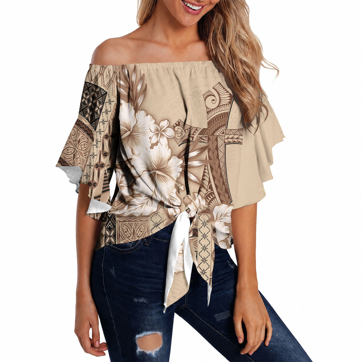 Samoa AIGA Mamanu Siapo Malu Motifs Off Shoulder Wrap Waist Top