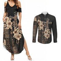 Samoa AIGA Mamanu Siapo Malu Motifs Couples Matching Summer Maxi Dress and Long Sleeve Button Shirt Black Ver