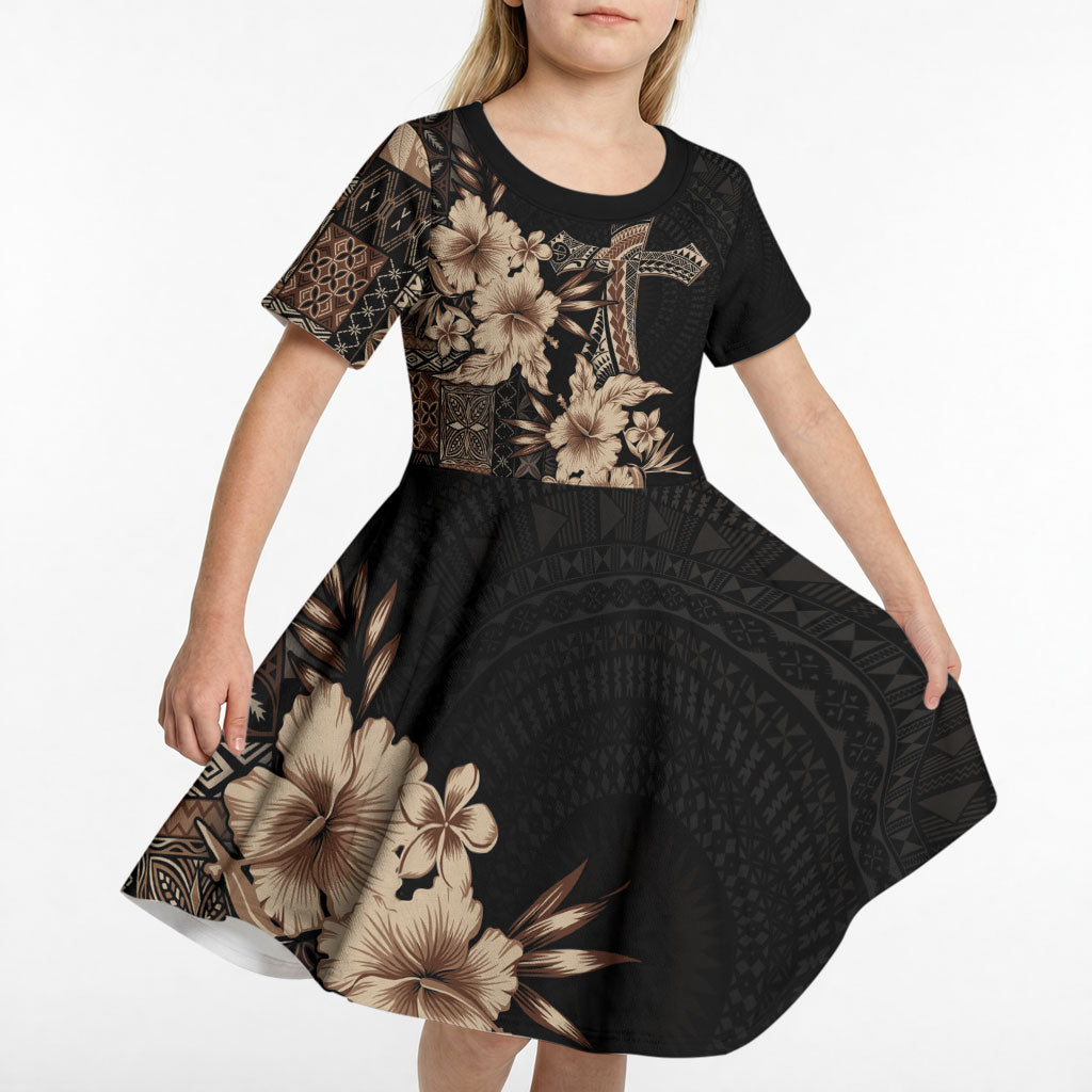 Samoa AIGA Mamanu Siapo Malu Motifs Kid Short Sleeve Dress Black Ver LT7 - Polynesian Pride