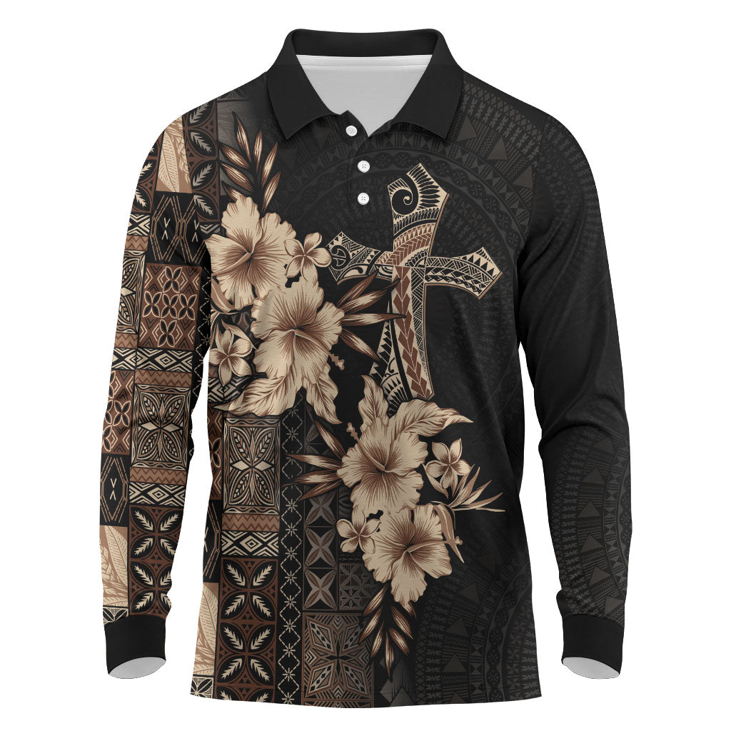 Samoa AIGA Mamanu Siapo Malu Motifs Long Sleeve Polo Shirt Black Ver
