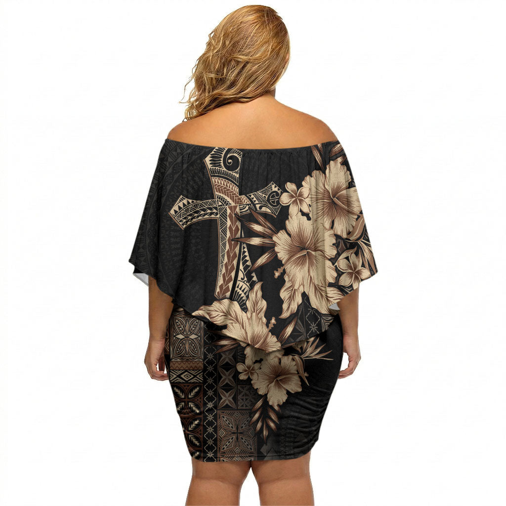 Samoa AIGA Mamanu Siapo Malu Motifs Off Shoulder Short Dress Black Ver