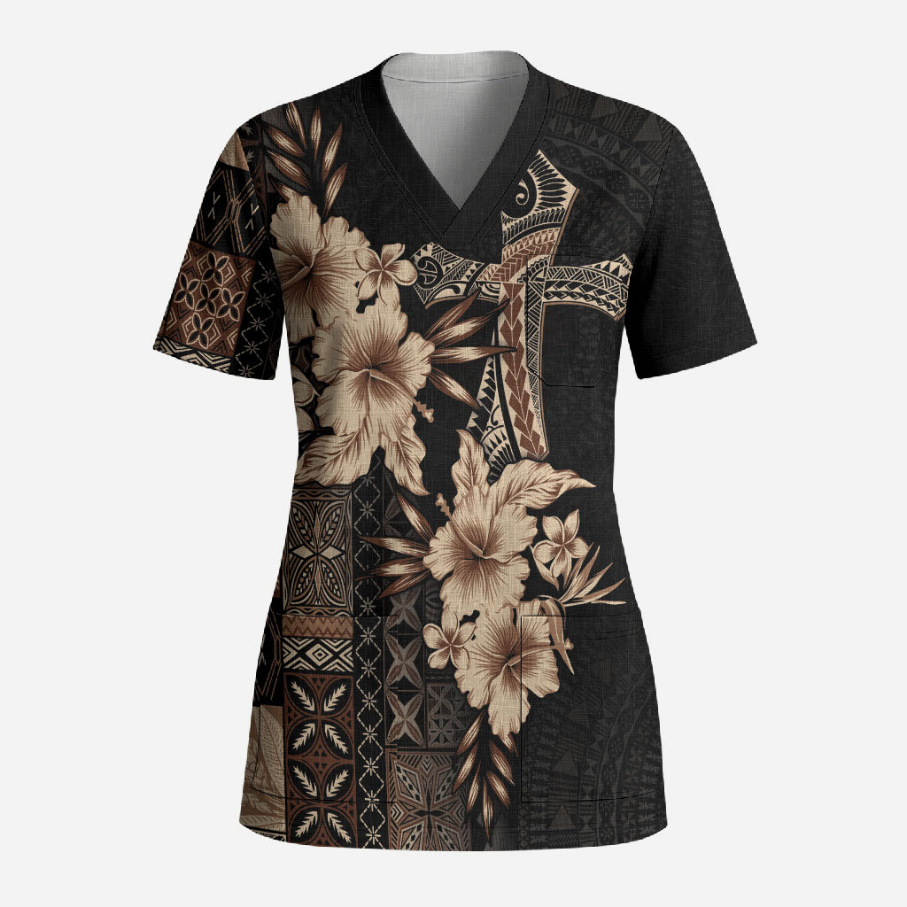 Samoa AIGA Mamanu Siapo Malu Motifs Scrub Top Black Ver LT7 Adult Black - Polynesian Pride