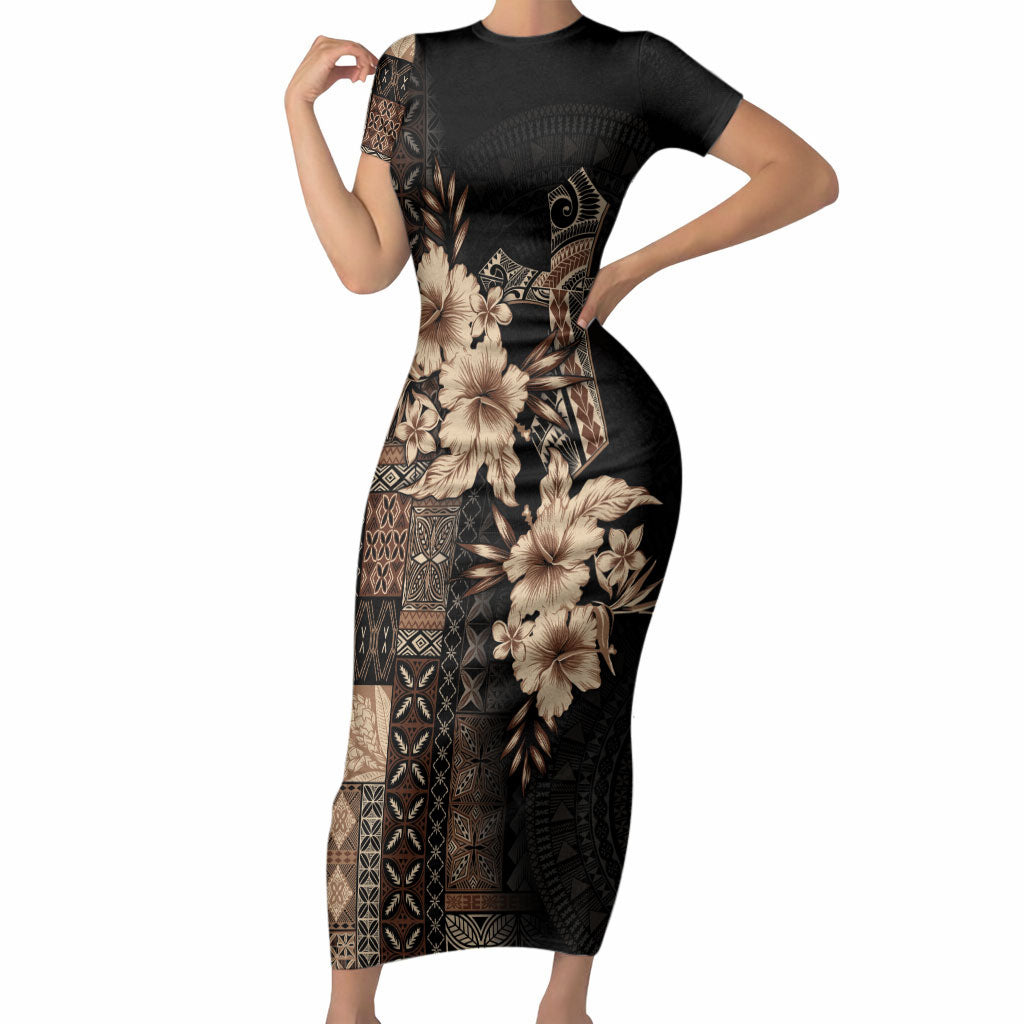 Samoa AIGA Mamanu Siapo Malu Motifs Short Sleeve Bodycon Dress Black Ver