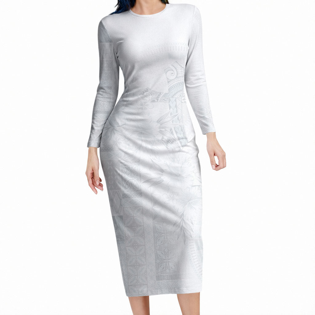 Samoa AIGA Mamanu Siapo Malu Motifs Long Sleeve Bodycon Dress Lotu a Tamaiti White Ver