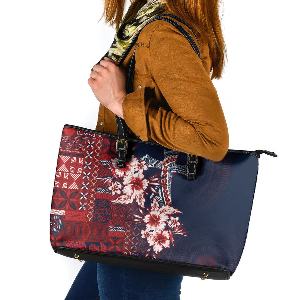 Samoa AIGA Mamanu Siapo Malu Motifs Leather Tote Bag Flag Color