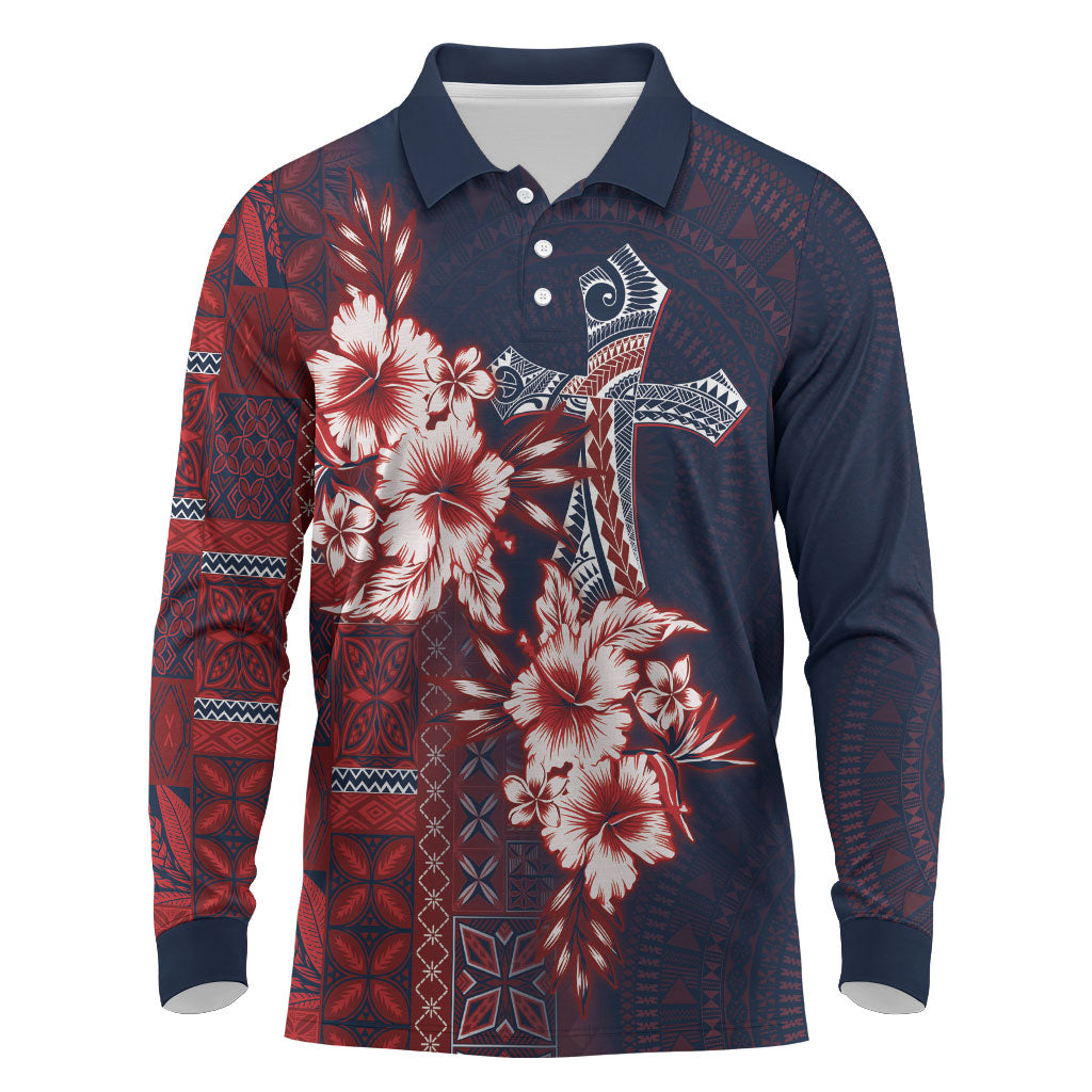 Samoa AIGA Mamanu Siapo Malu Motifs Long Sleeve Polo Shirt Flag Color LT7 Navy Blue - Polynesian Pride