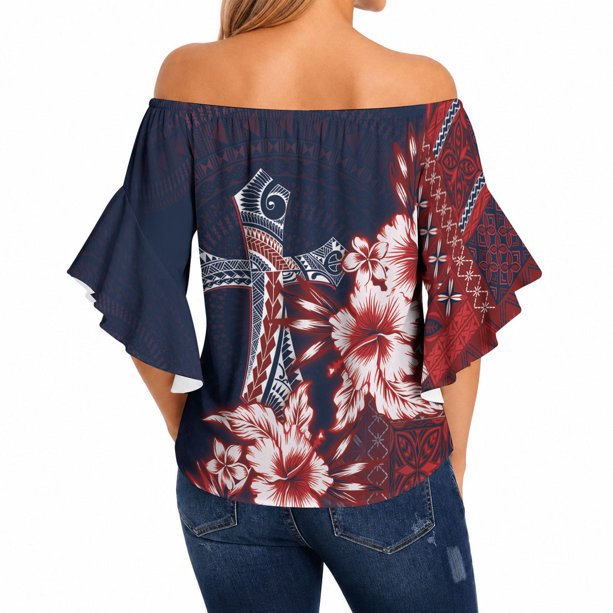 Samoa AIGA Mamanu Siapo Malu Motifs Off Shoulder Wrap Waist Top Flag Color