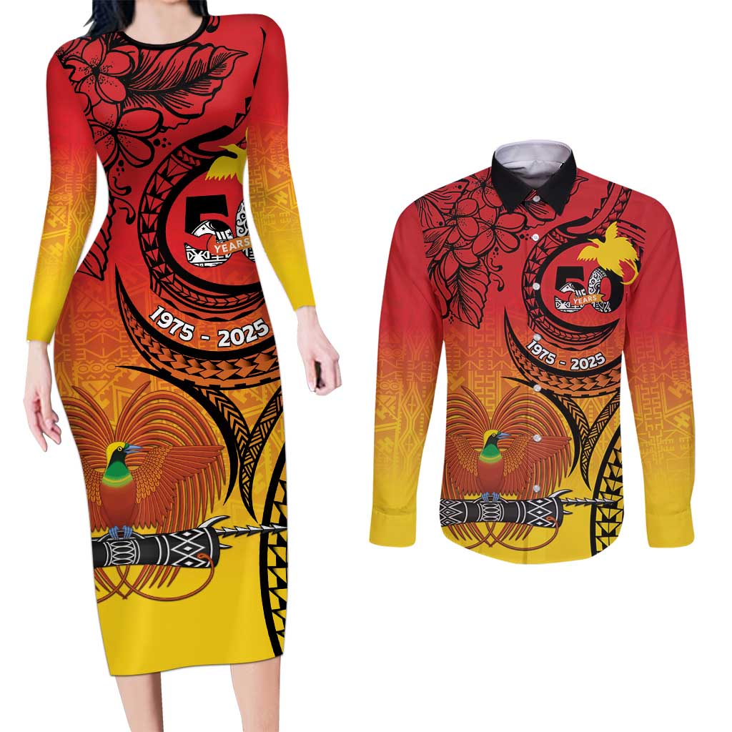 Papua New Guinea 50 Years Couples Matching Long Sleeve Bodycon Dress and Long Sleeve Button Shirt Motuan Motifs LT7 Colorful - Polynesian Pride