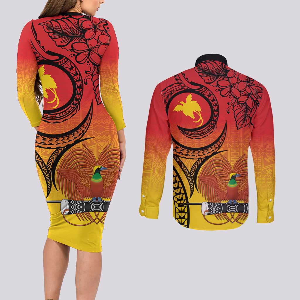 Papua New Guinea 50 Years Couples Matching Long Sleeve Bodycon Dress and Long Sleeve Button Shirt Motuan Motifs LT7 - Polynesian Pride