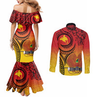 Papua New Guinea 50 Years Couples Matching Mermaid Dress and Long Sleeve Button Shirt Motuan Motifs LT7 - Polynesian Pride