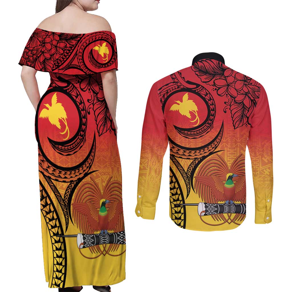 Papua New Guinea 50 Years Couples Matching Off Shoulder Maxi Dress and Long Sleeve Button Shirt Motuan Motifs LT7 - Polynesian Pride
