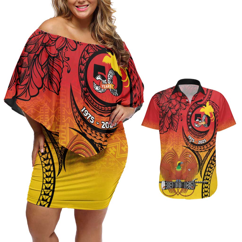 Papua New Guinea 50 Years Couples Matching Off Shoulder Short Dress and Hawaiian Shirt Motuan Motifs LT7 Colorful - Polynesian Pride
