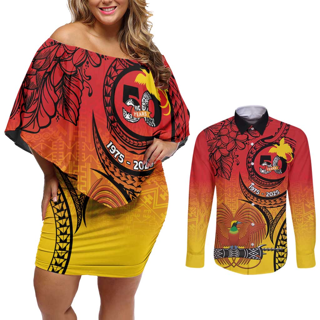 Papua New Guinea 50 Years Couples Matching Off Shoulder Short Dress and Long Sleeve Button Shirt Motuan Motifs LT7 Colorful - Polynesian Pride
