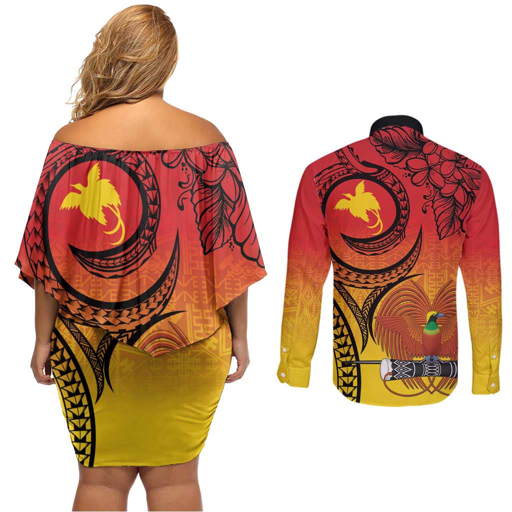 Papua New Guinea 50 Years Couples Matching Off Shoulder Short Dress and Long Sleeve Button Shirt Motuan Motifs LT7 - Polynesian Pride