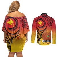 Papua New Guinea 50 Years Couples Matching Off Shoulder Short Dress and Long Sleeve Button Shirt Motuan Motifs LT7 - Polynesian Pride