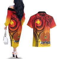 Papua New Guinea 50 Years Couples Matching Off The Shoulder Long Sleeve Dress and Hawaiian Shirt Motuan Motifs LT7 - Polynesian Pride
