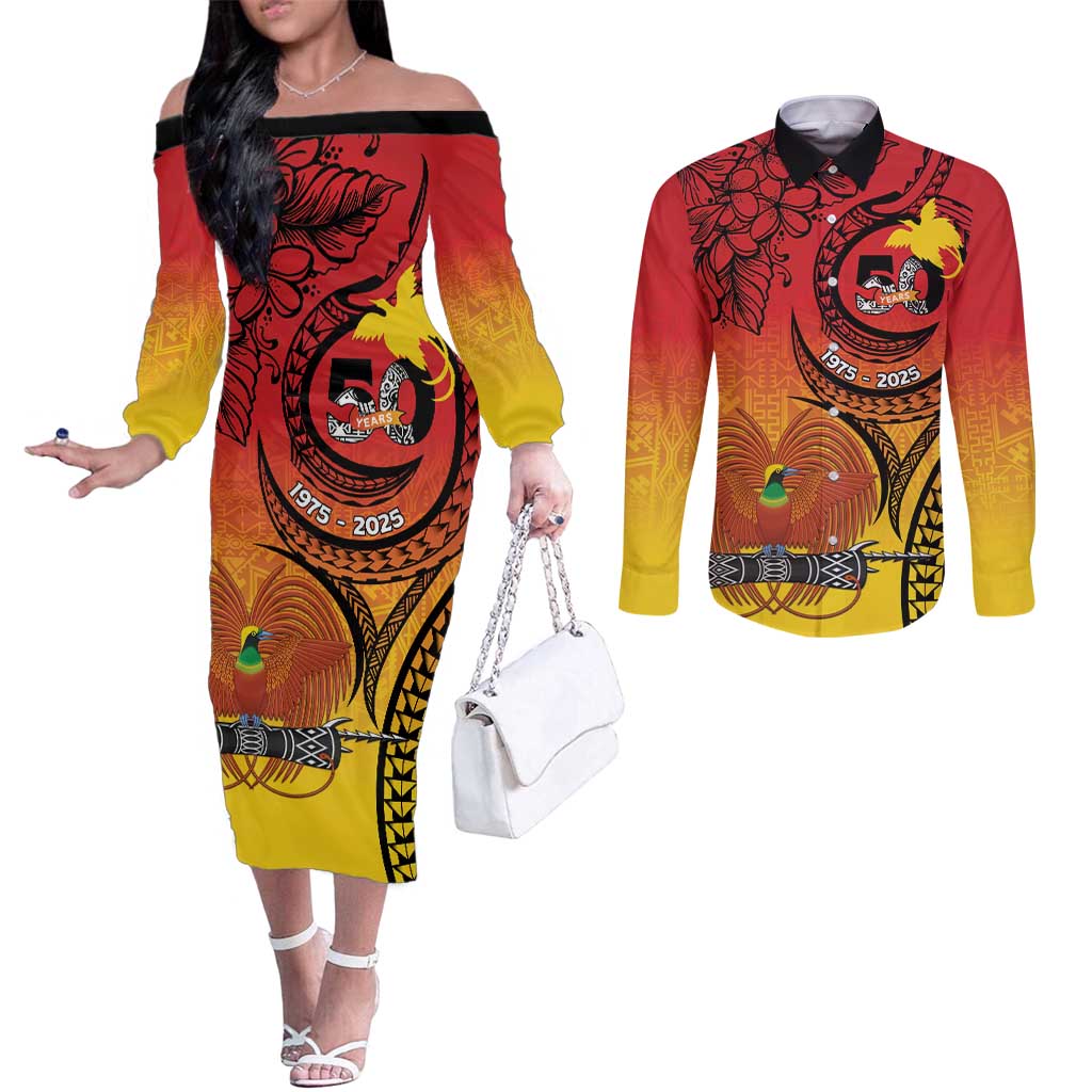 Papua New Guinea 50 Years Couples Matching Off The Shoulder Long Sleeve Dress and Long Sleeve Button Shirt Motuan Motifs LT7 Colorful - Polynesian Pride