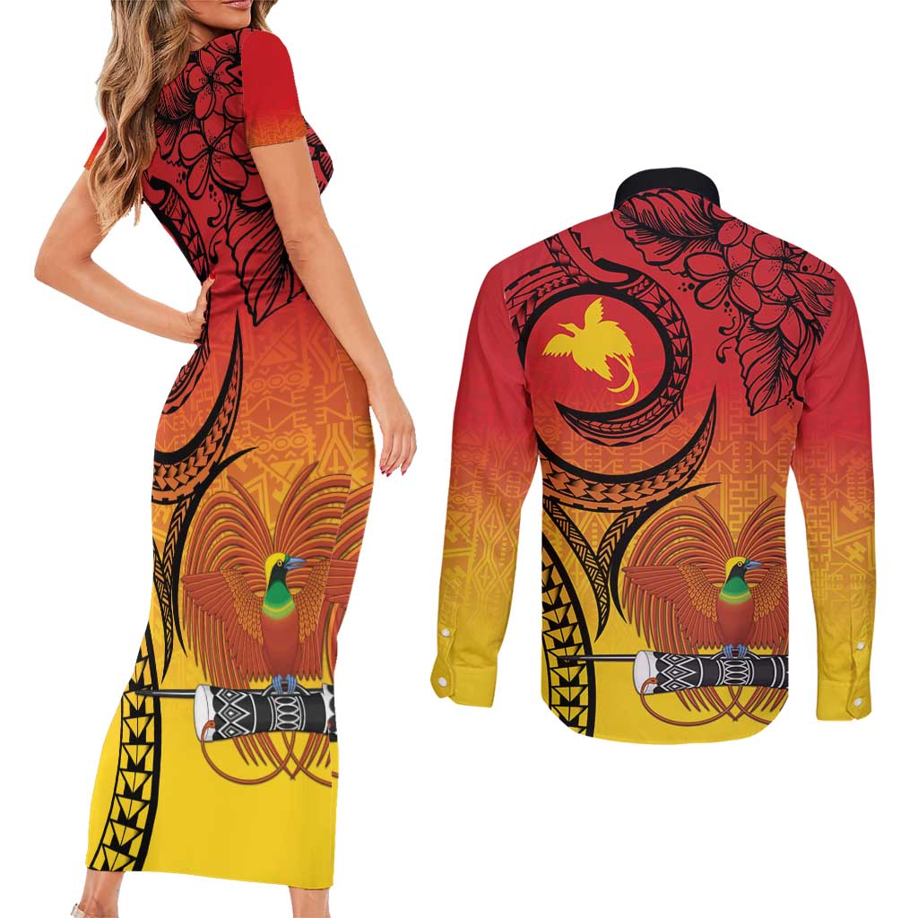 Papua New Guinea 50 Years Couples Matching Short Sleeve Bodycon Dress and Long Sleeve Button Shirt Motuan Motifs LT7 - Polynesian Pride
