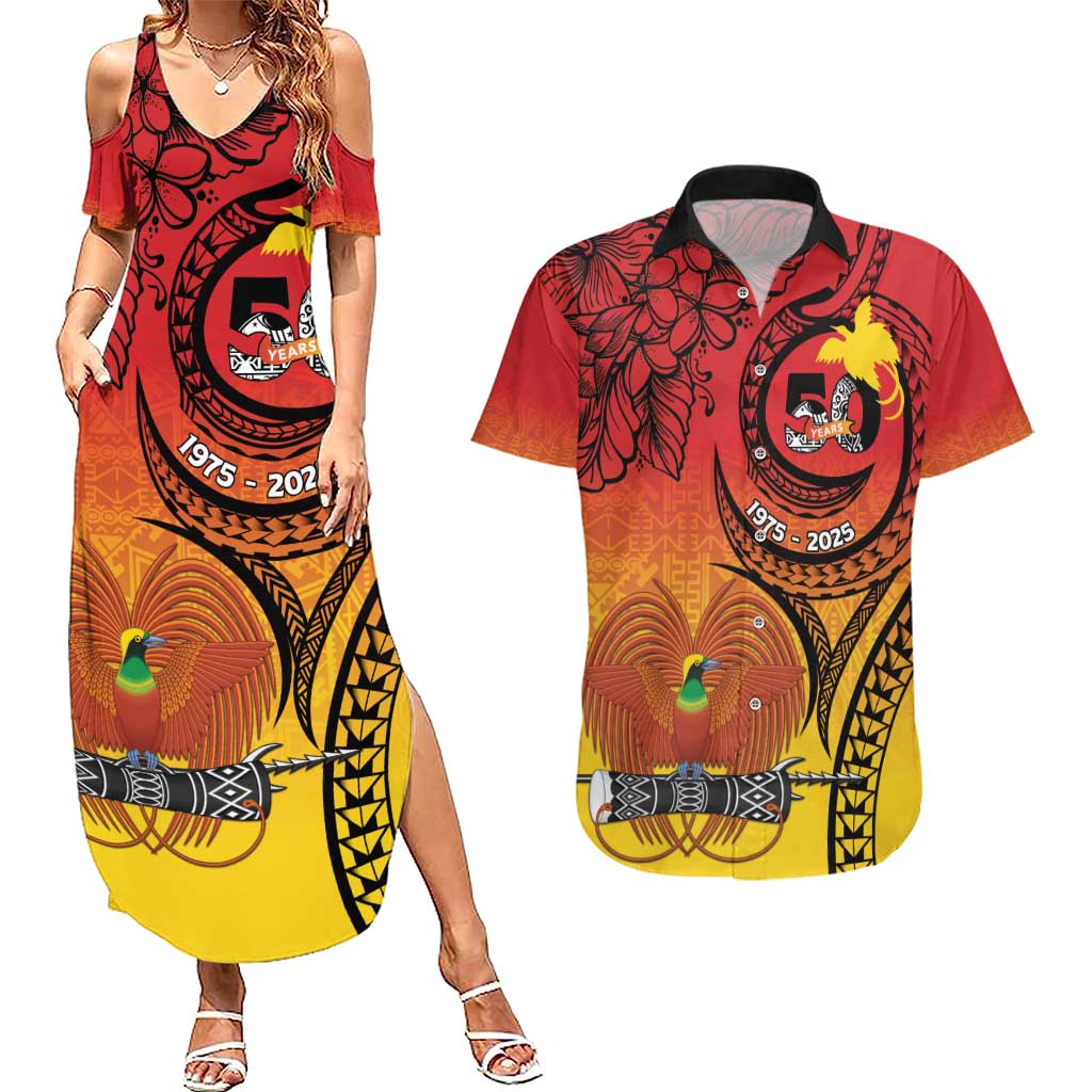 Papua New Guinea 50 Years Couples Matching Summer Maxi Dress and Hawaiian Shirt Motuan Motifs LT7 Colorful - Polynesian Pride