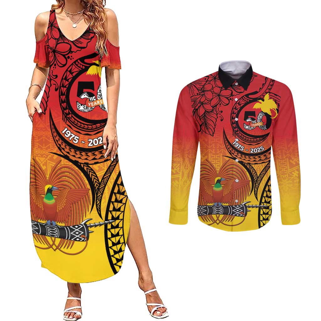 Papua New Guinea 50 Years Couples Matching Summer Maxi Dress and Long Sleeve Button Shirt Motuan Motifs LT7 Colorful - Polynesian Pride