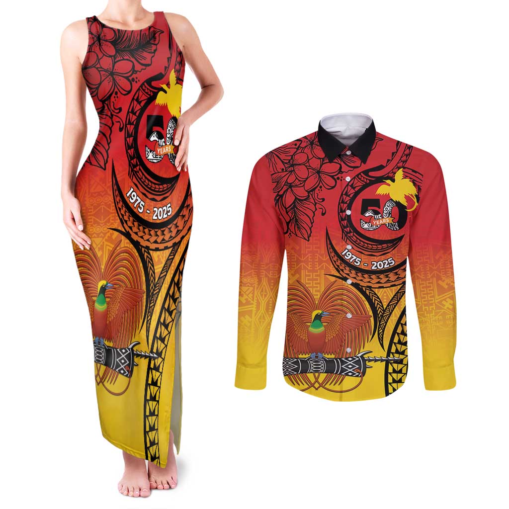 Papua New Guinea 50 Years Couples Matching Tank Maxi Dress and Long Sleeve Button Shirt Motuan Motifs LT7 Colorful - Polynesian Pride