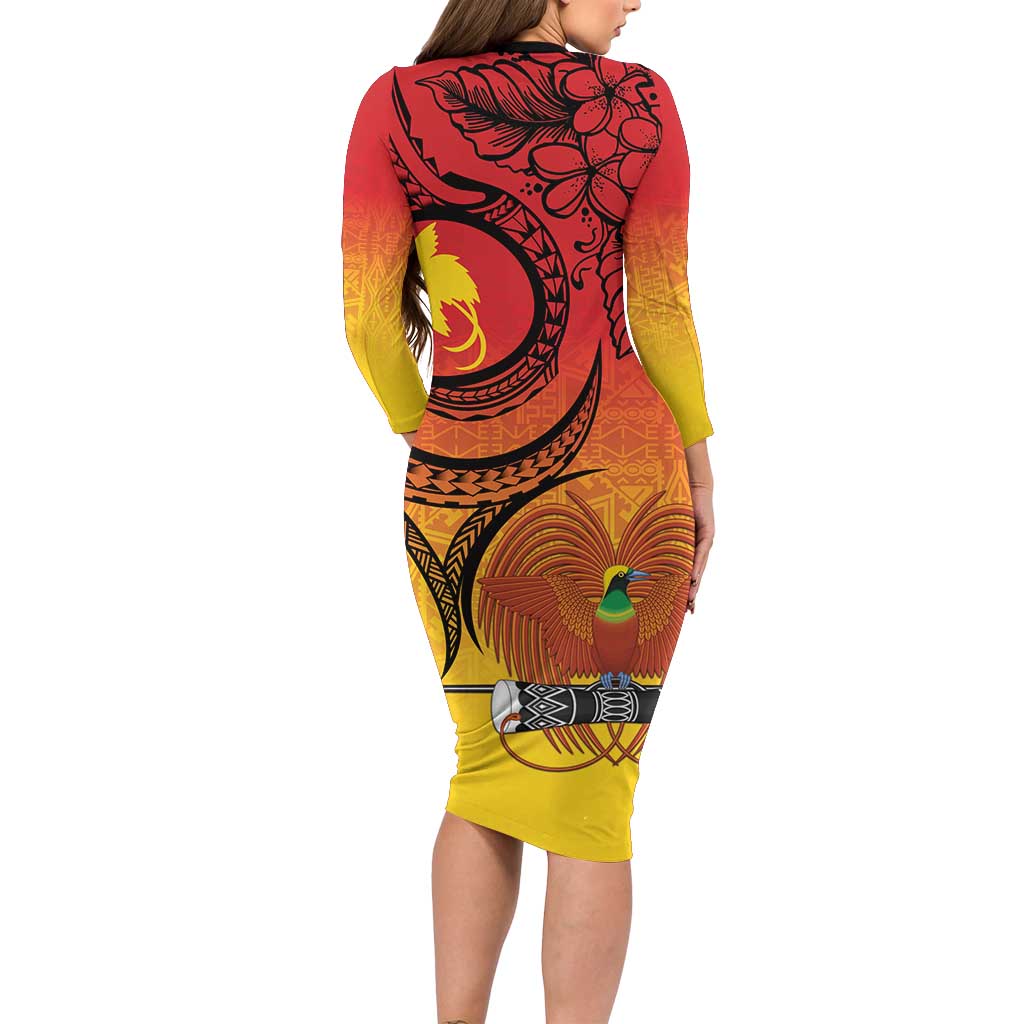 Papua New Guinea 50 Years Long Sleeve Bodycon Dress Motuan Motifs LT7 - Polynesian Pride