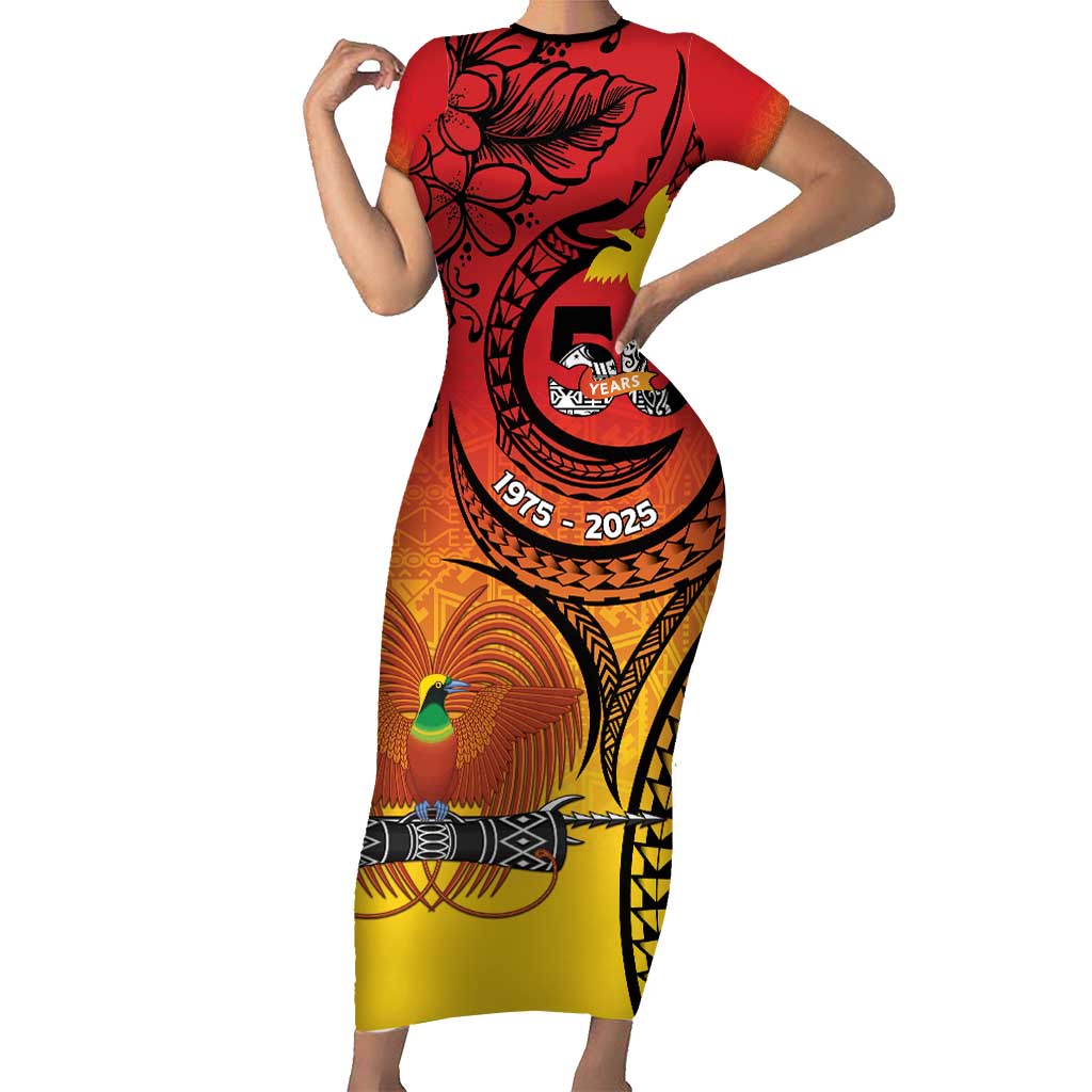 Papua New Guinea 50 Years Short Sleeve Bodycon Dress Motuan Motifs LT7 Long Dress Colorful - Polynesian Pride