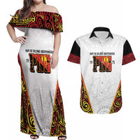 Personalized Papua New Guinea Couples Matching Off Shoulder Maxi Dress and Hawaiian Shirt Hapi De bilong Indipendens PNG LT7 White - Polynesian Pride