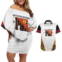 Personalized Papua New Guinea Couples Matching Off Shoulder Short Dress and Hawaiian Shirt Hapi De bilong Indipendens PNG LT7 White - Polynesian Pride