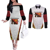 Personalized Papua New Guinea Couples Matching Off The Shoulder Long Sleeve Dress and Long Sleeve Button Shirt Hapi De bilong Indipendens PNG LT7 White - Polynesian Pride