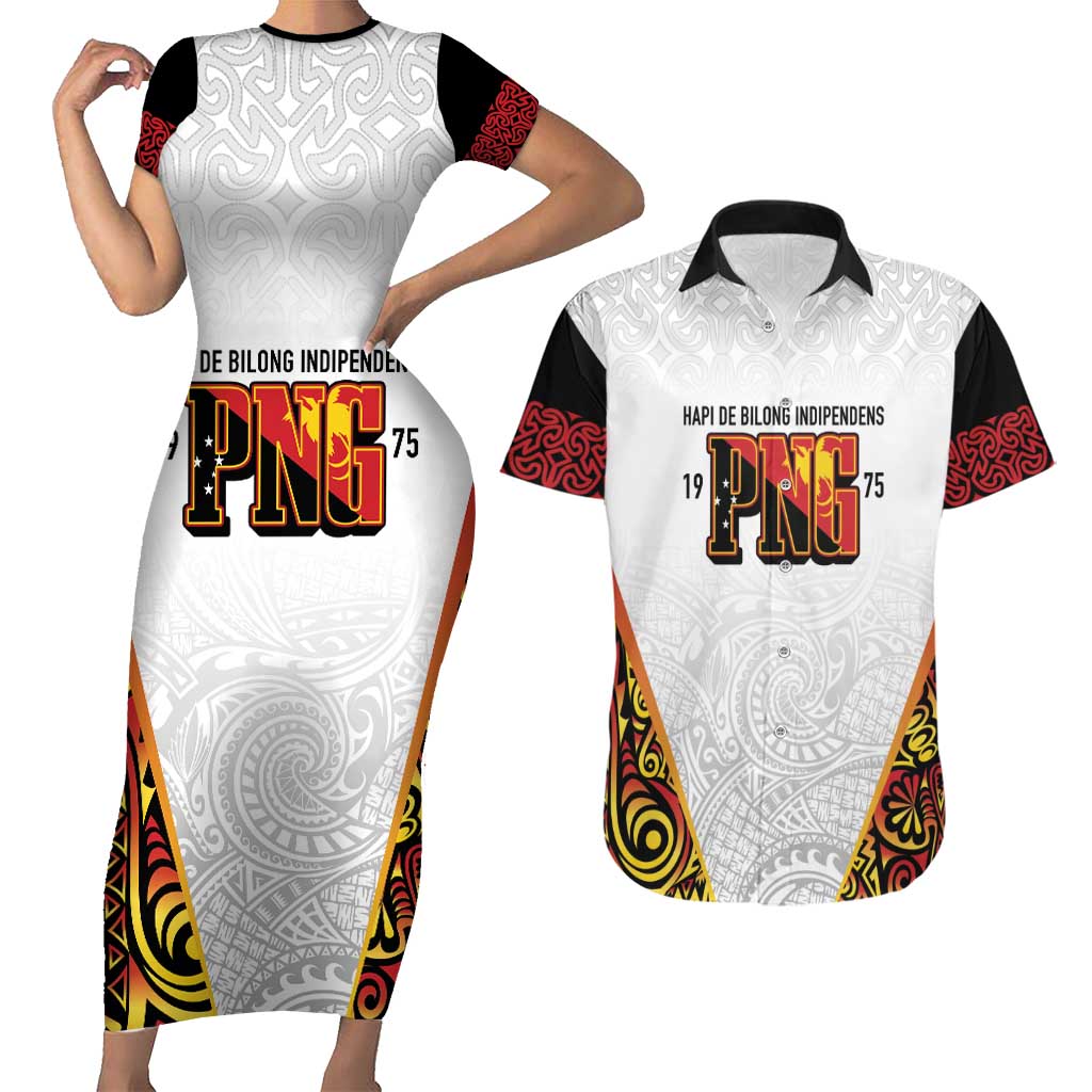 Personalized Papua New Guinea Couples Matching Short Sleeve Bodycon Dress and Hawaiian Shirt Hapi De bilong Indipendens PNG LT7 White - Polynesian Pride