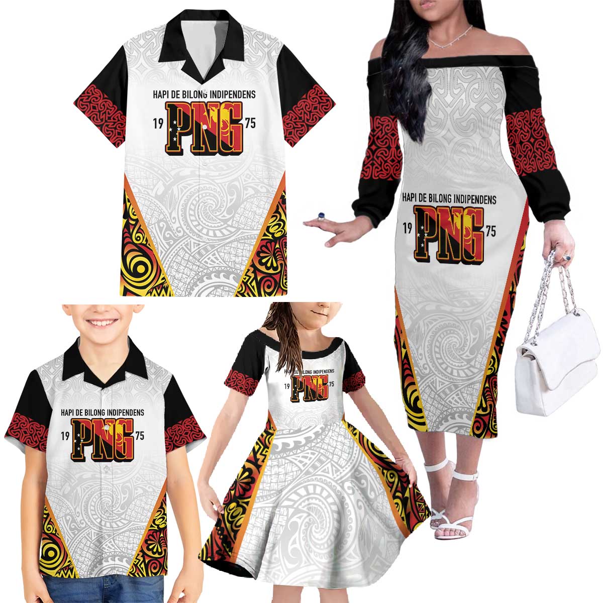 Personalized Papua New Guinea Family Matching Off The Shoulder Long Sleeve Dress and Hawaiian Shirt Hapi De bilong Indipendens PNG LT7 - Polynesian Pride
