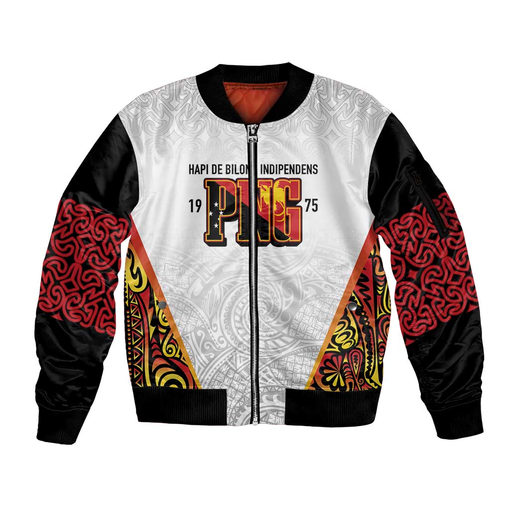 Personalized Papua New Guinea Sleeve Zip Bomber Jacket Hapi De bilong Indipendens PNG LT7 Unisex White - Polynesian Pride