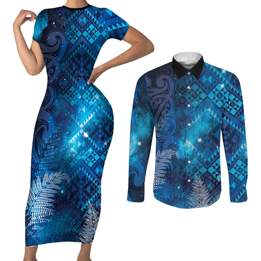 Aotearoa Taniko Matariki Couples Matching Short Sleeve Bodycon Dress and Long Sleeve Button Shirt Cosmic Blue