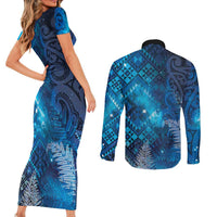 Aotearoa Taniko Matariki Couples Matching Short Sleeve Bodycon Dress and Long Sleeve Button Shirt Cosmic Blue