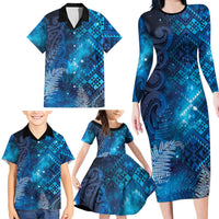 Aotearoa Taniko Matariki Family Matching Long Sleeve Bodycon Dress and Hawaiian Shirt Cosmic Blue LT7 - Polynesian Pride