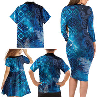 Aotearoa Taniko Matariki Family Matching Long Sleeve Bodycon Dress and Hawaiian Shirt Cosmic Blue LT7 - Polynesian Pride