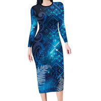 Aotearoa Taniko Matariki Family Matching Long Sleeve Bodycon Dress and Hawaiian Shirt Cosmic Blue LT7 Mom's Dress Blue - Polynesian Pride