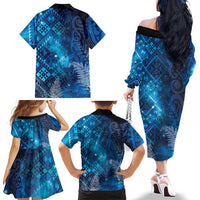 Aotearoa Taniko Matariki Family Matching Off The Shoulder Long Sleeve Dress and Hawaiian Shirt Cosmic Blue LT7 - Polynesian Pride