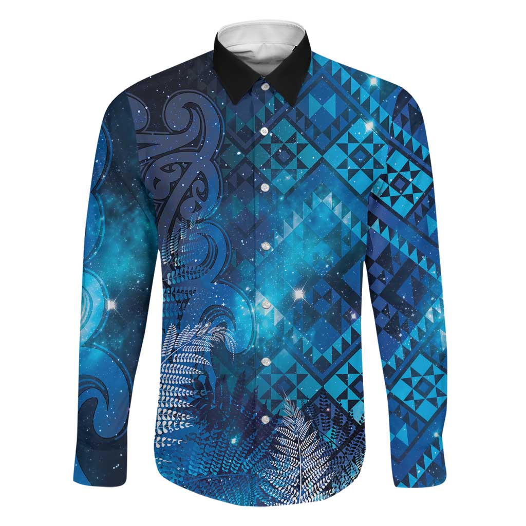 Aotearoa Taniko Matariki Family Matching Off The Shoulder Long Sleeve Dress and Hawaiian Shirt Cosmic Blue LT7 Dad's Shirt - Long Sleeve Blue - Polynesian Pride