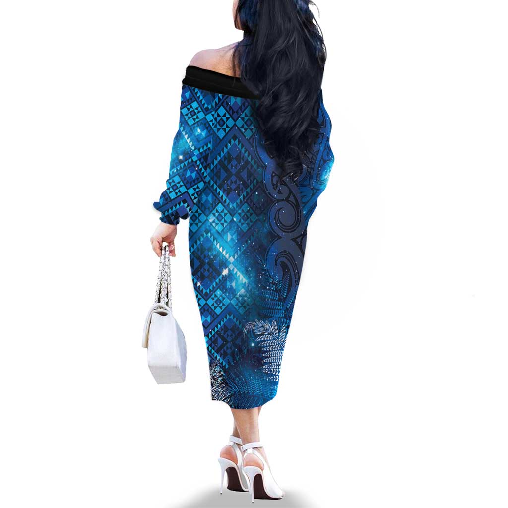 Aotearoa Taniko Matariki Family Matching Off The Shoulder Long Sleeve Dress and Hawaiian Shirt Cosmic Blue LT7 - Polynesian Pride