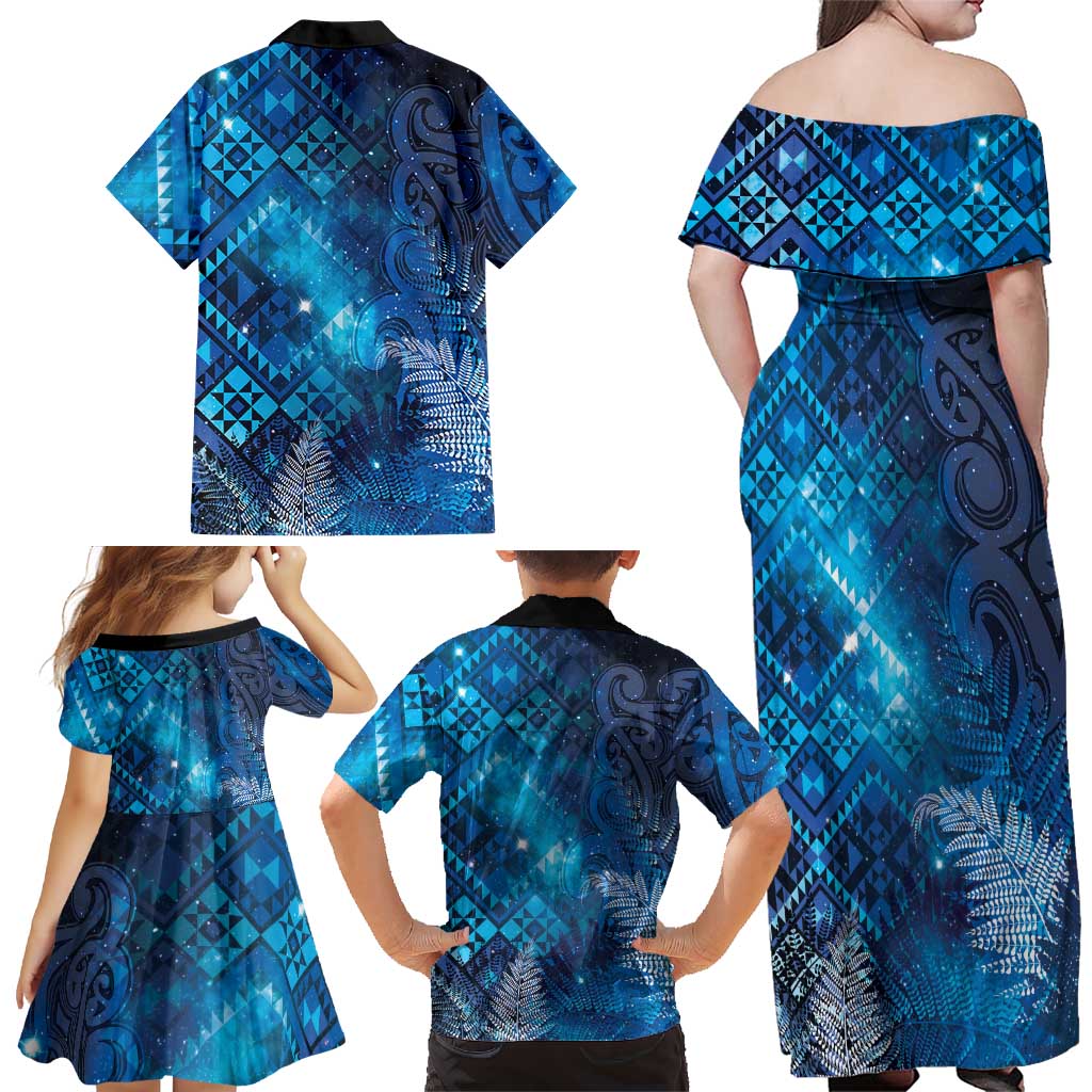 Aotearoa Taniko Matariki Family Matching Off Shoulder Maxi Dress and Hawaiian Shirt Cosmic Blue LT7 - Polynesian Pride