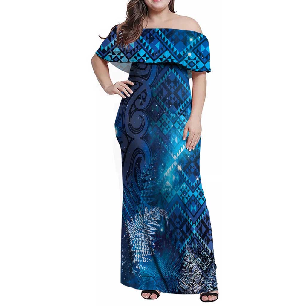 Aotearoa Taniko Matariki Family Matching Off Shoulder Maxi Dress and Hawaiian Shirt Cosmic Blue LT7 Mom's Dress Blue - Polynesian Pride
